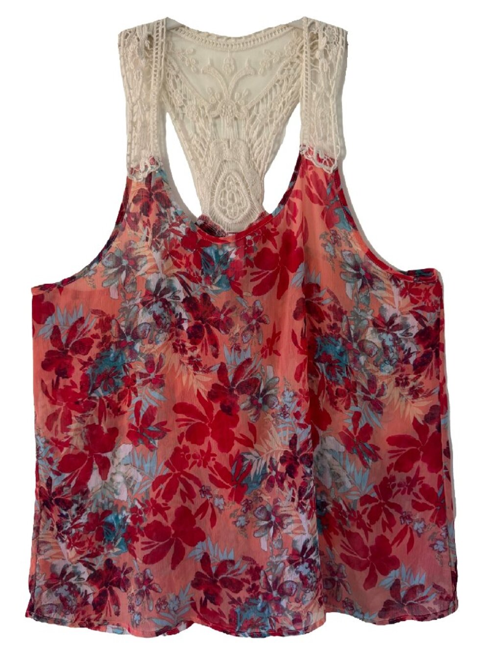 No Boundaries XXL RED FLORAL Crochet Trip Tank Top